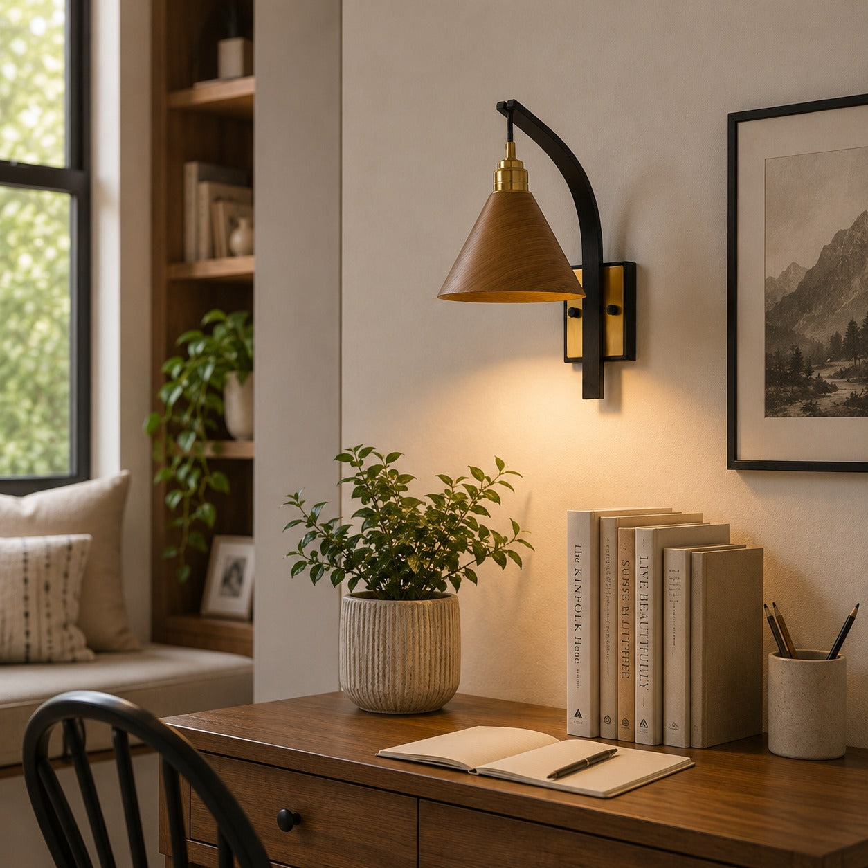 Scandinavian Wooden Arm & Brass Backplate Wall Sconce (LED Compatible)