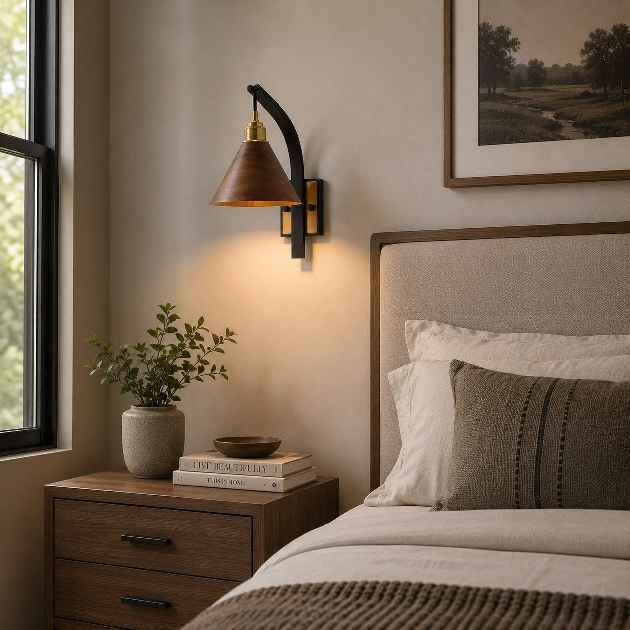 Scandinavian Wooden Arm & Brass Backplate Wall Sconce (LED Compatible)