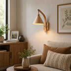 Scandinavian Wooden Arm & Brass Backplate Wall Sconce (LED Compatible)
