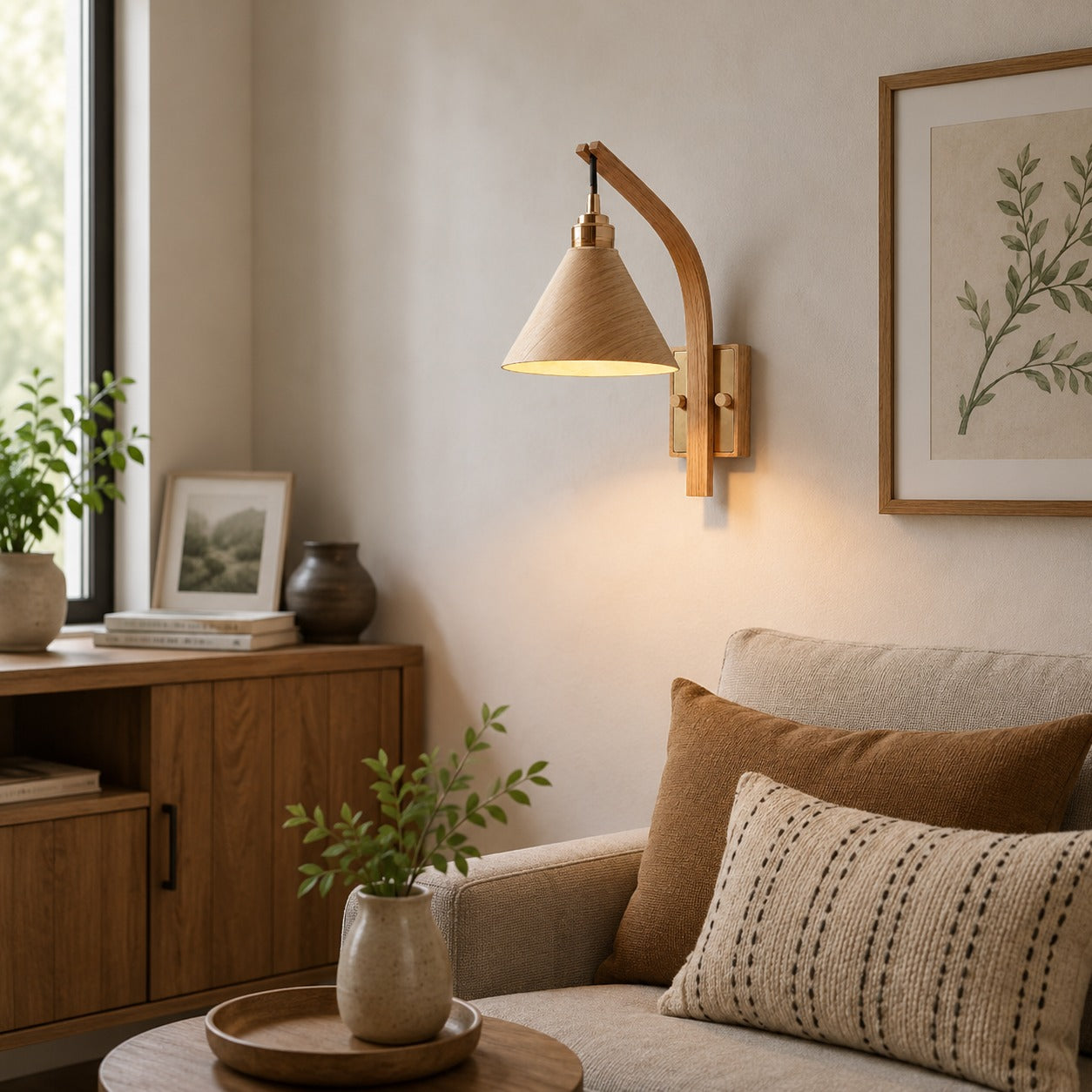 Scandinavian Wooden Arm & Brass Backplate Wall Sconce (LED Compatible)