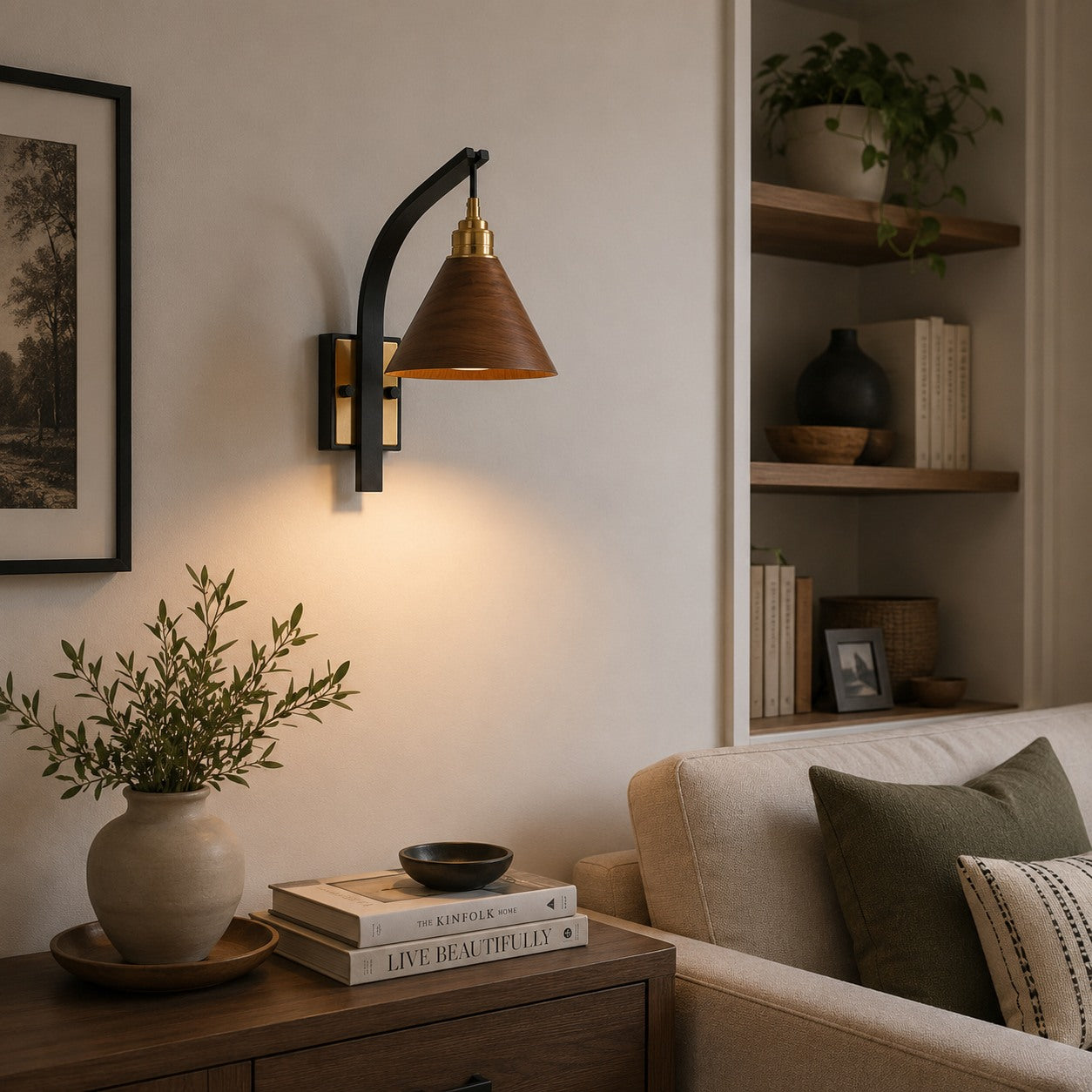 Scandinavian Wooden Arm & Brass Backplate Wall Sconce (LED Compatible)