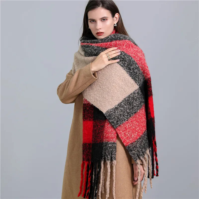 Scarf Oversized Cashmere Checked Tassel Trim