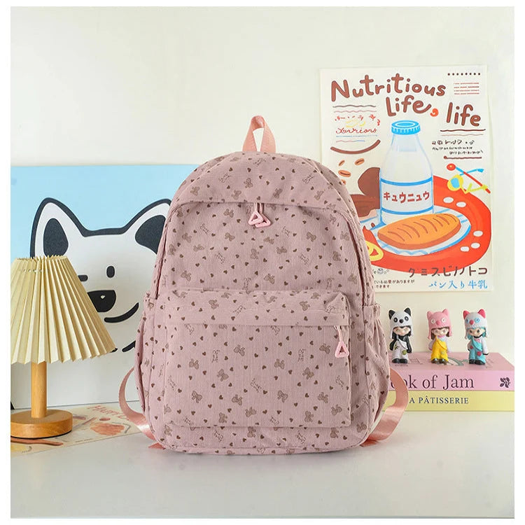 School Backpack Heart Print Adjustable Straps & Multiple Front Pockets