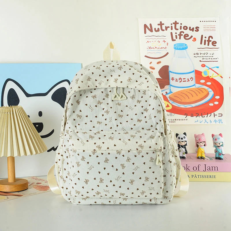 School Backpack Heart Print Adjustable Straps & Multiple Front Pockets