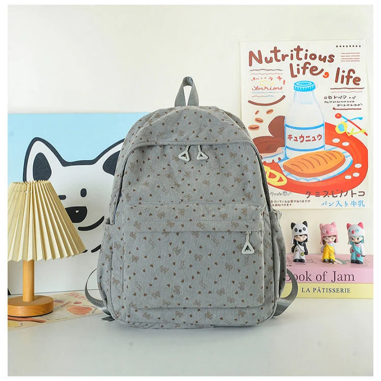 School Backpack Heart Print Adjustable Straps & Multiple Front Pockets