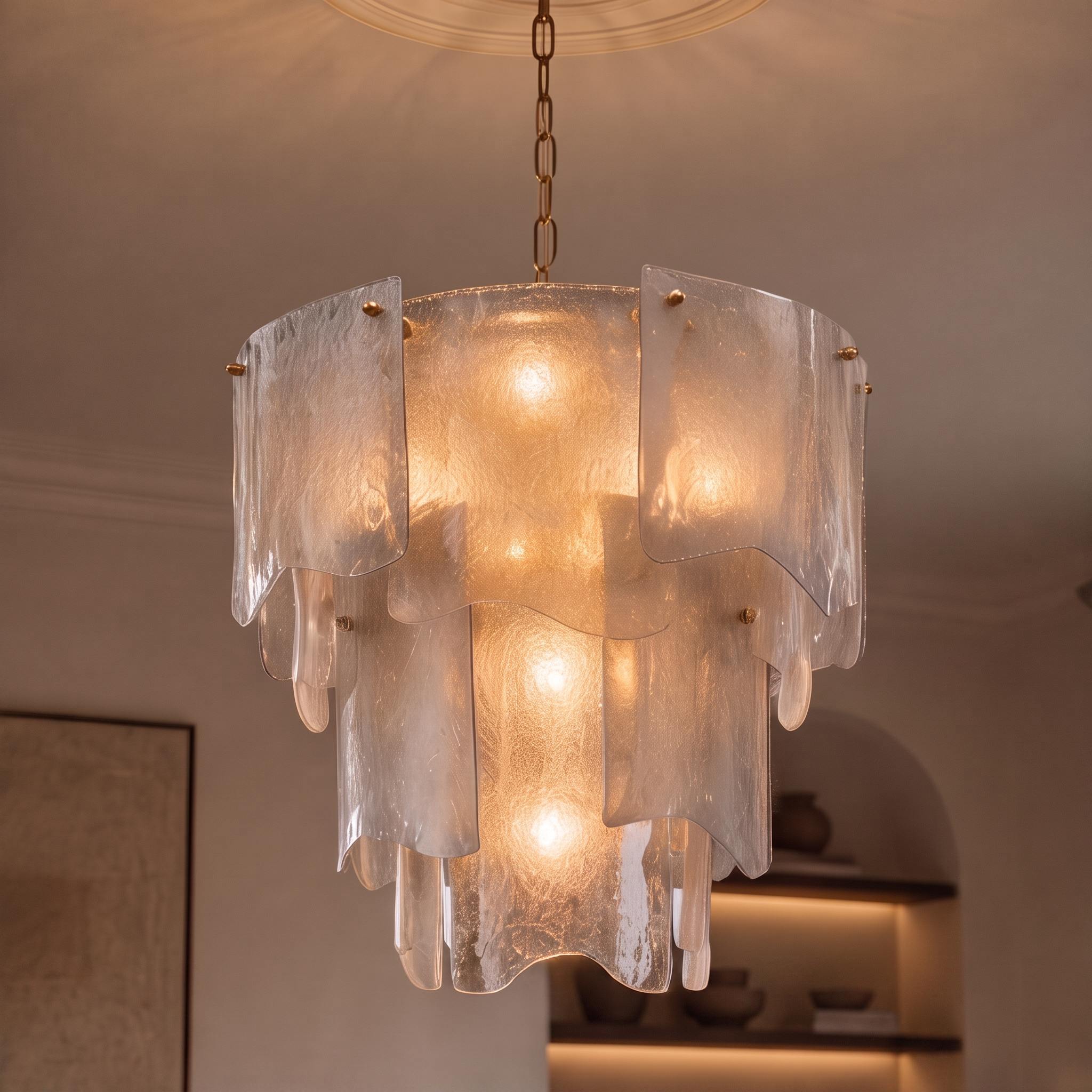 Sculptural Tiered Textured Glass Chandelier (Adjustable Height)
