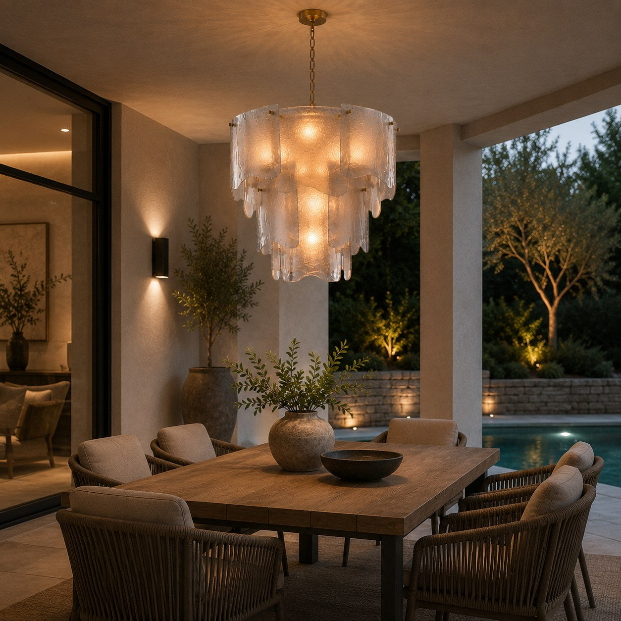 Sculptural Tiered Textured Glass Chandelier (Adjustable Height)