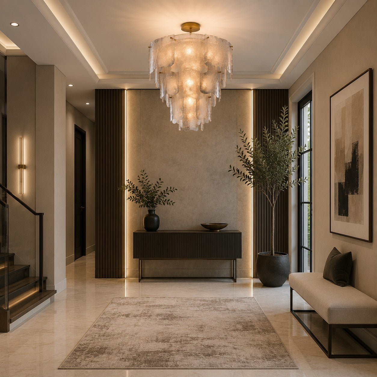Sculptural Tiered Textured Glass Chandelier (Adjustable Height)