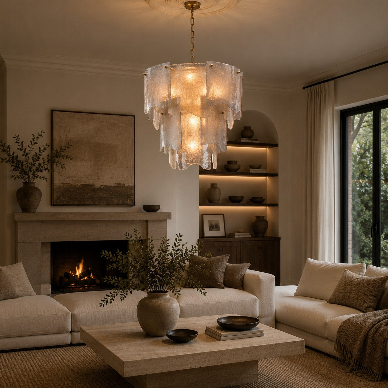 Sculptural Tiered Textured Glass Chandelier (Adjustable Height)