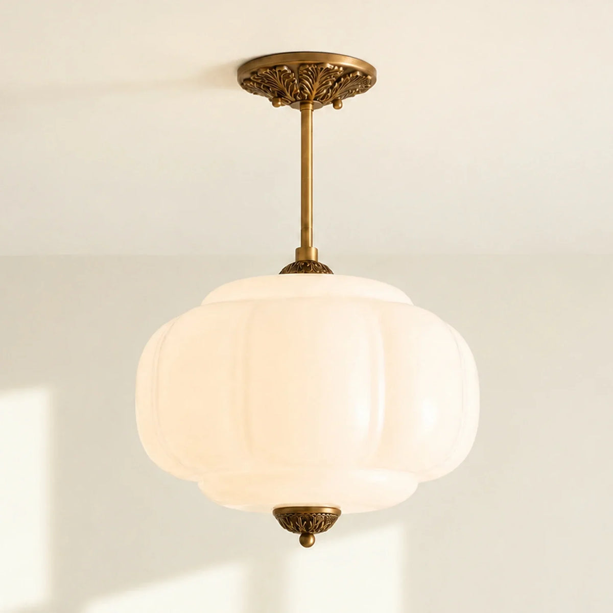Semi-Flush Ceiling Light Antique Brass Ribbed Green Glass