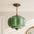 Semi-Flush Ceiling Light Antique Brass Ribbed Green Glass
