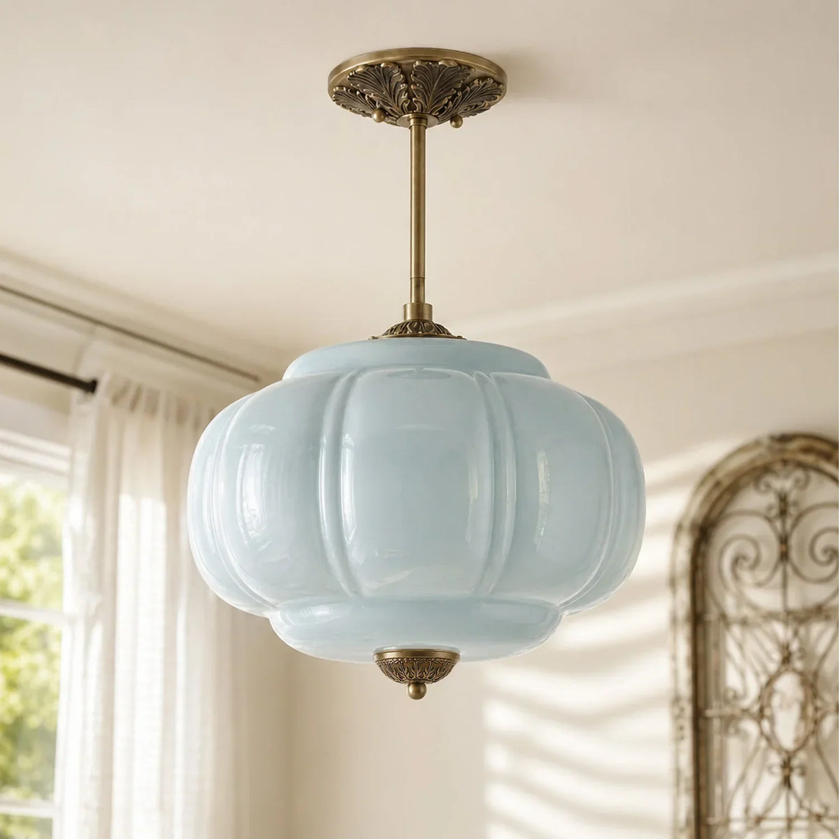 Semi-Flush Ceiling Light Antique Brass Ribbed Green Glass