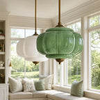 Semi-Flush Ceiling Light Antique Brass Ribbed Green Glass