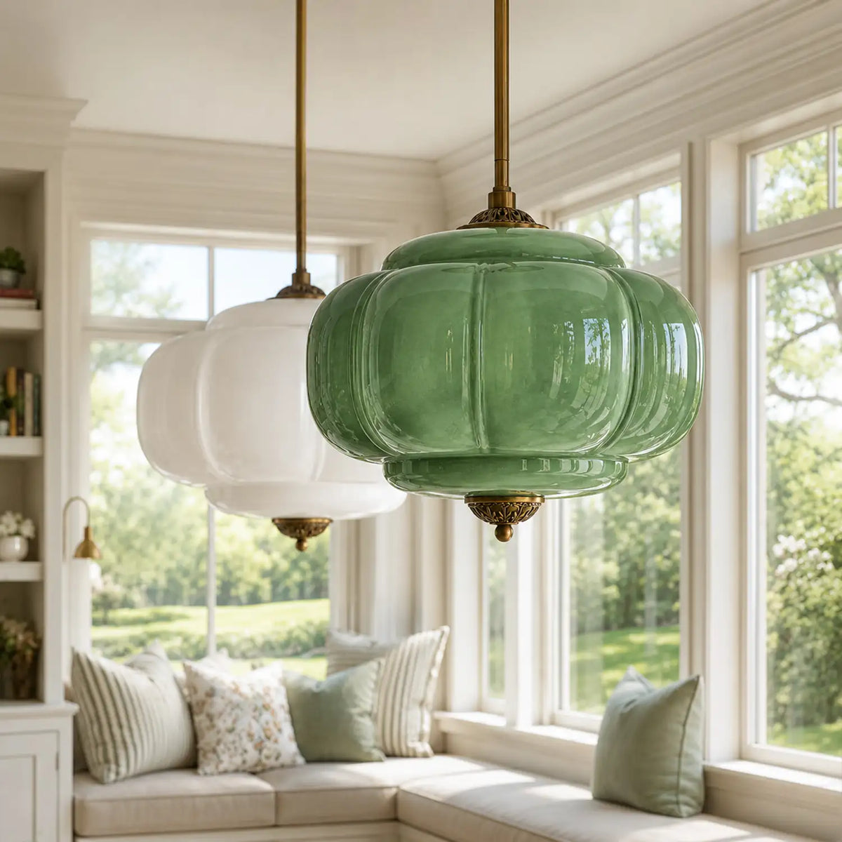 Semi-Flush Ceiling Light Antique Brass Ribbed Green Glass