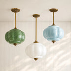 Semi-Flush Ceiling Light Antique Brass Ribbed Green Glass