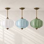 Semi-Flush Ceiling Light Antique Brass Ribbed Green Glass