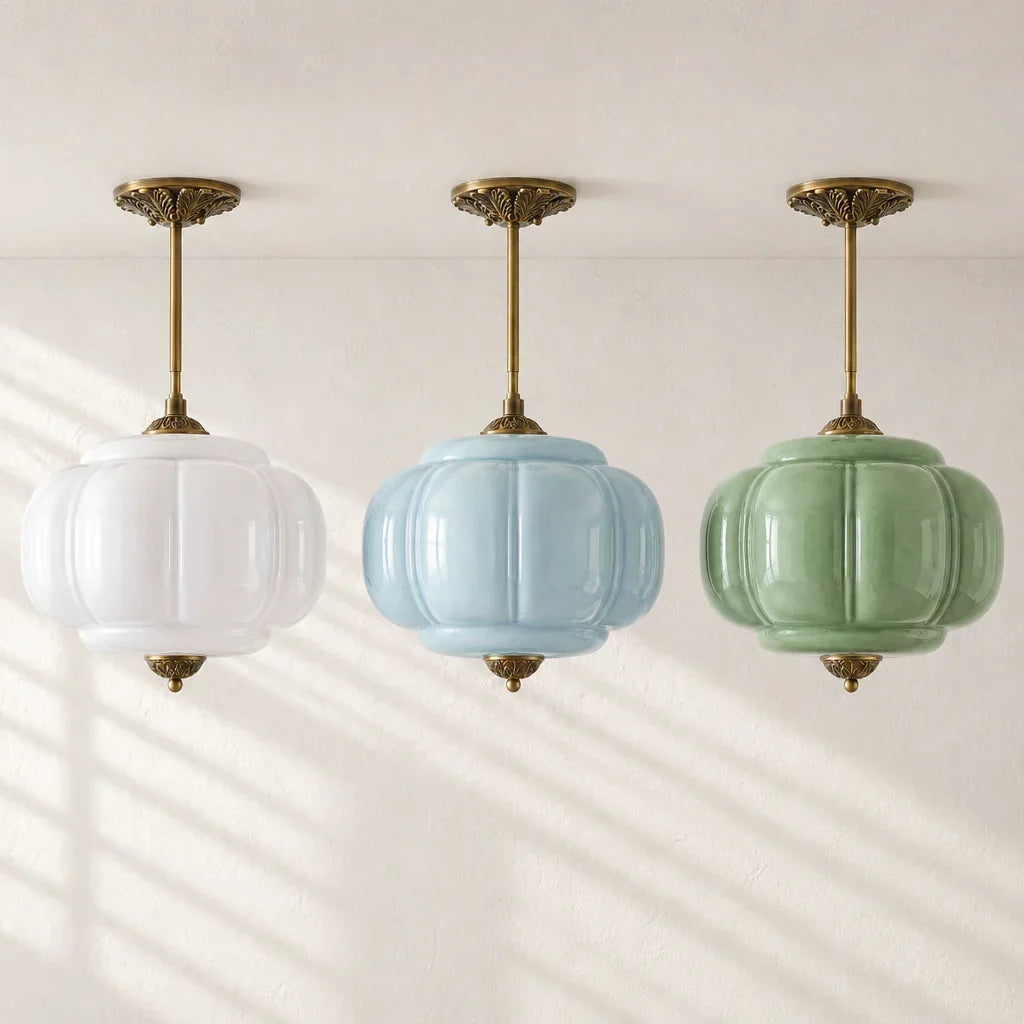 Semi-Flush Ceiling Light Antique Brass Ribbed Green Glass
