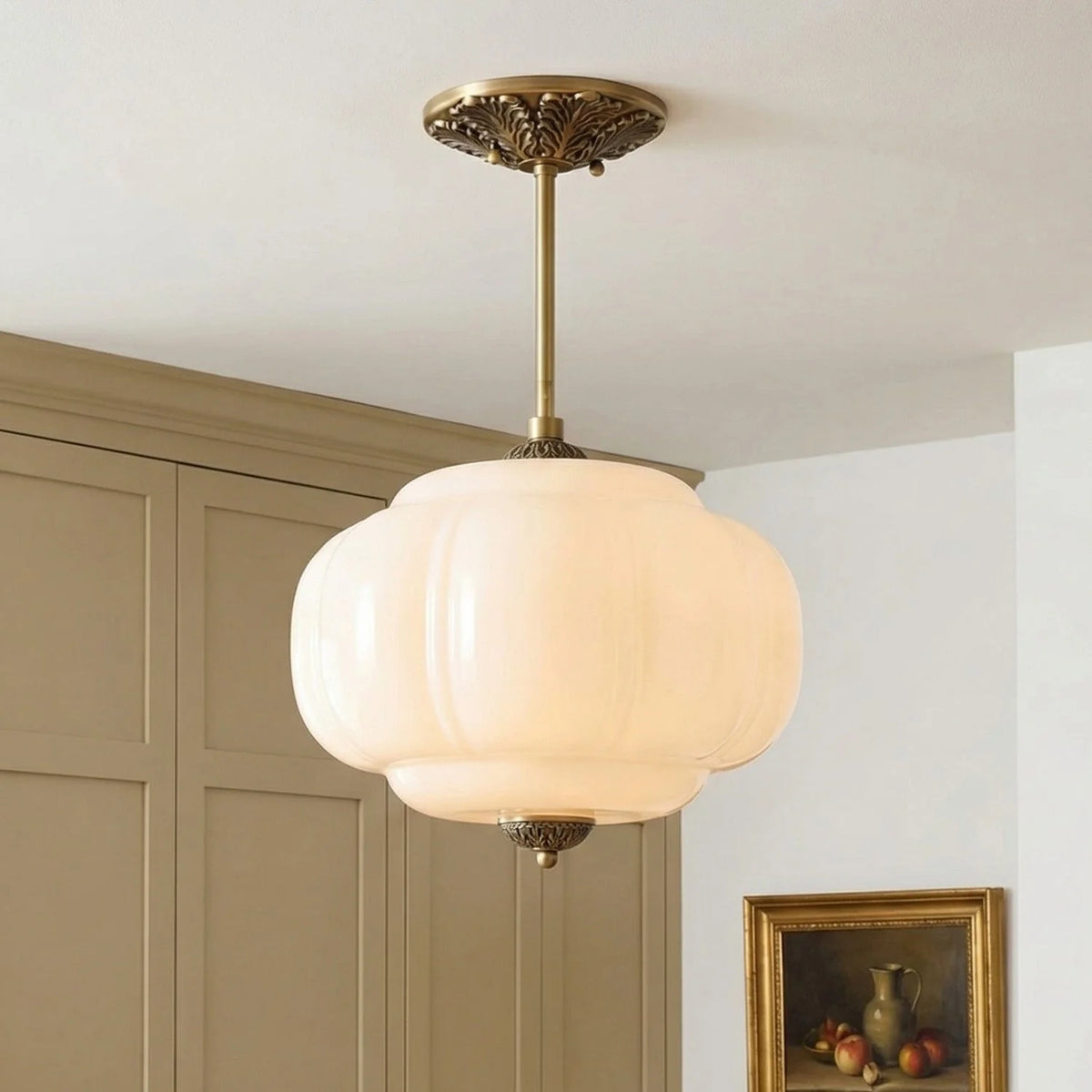 Semi-Flush Ceiling Light Antique Brass Ribbed Green Glass