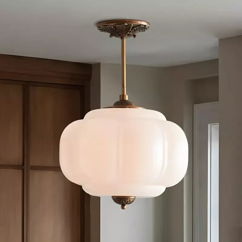 Semi-Flush Ceiling Light Antique Brass Ribbed Green Glass