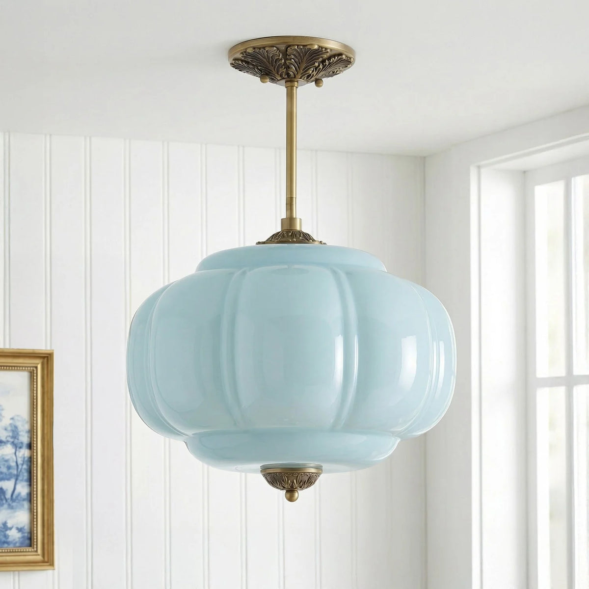 Semi-Flush Ceiling Light Antique Brass Ribbed Green Glass