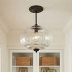 Semi-Flush Ceiling Light Antique Brass Ribbed Green Glass