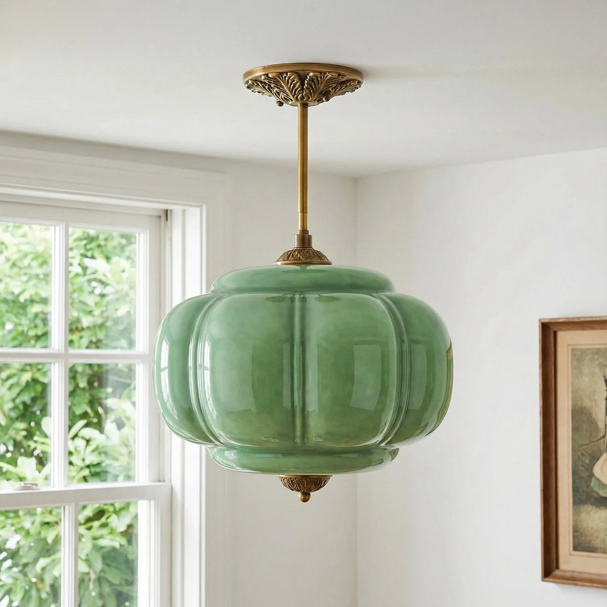Semi-Flush Ceiling Light Antique Brass Ribbed Green Glass