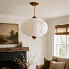 Semi-Flush Ceiling Light Antique Brass Ribbed Green Glass