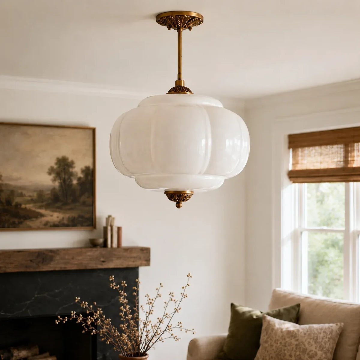 Semi-Flush Ceiling Light Antique Brass Ribbed Green Glass
