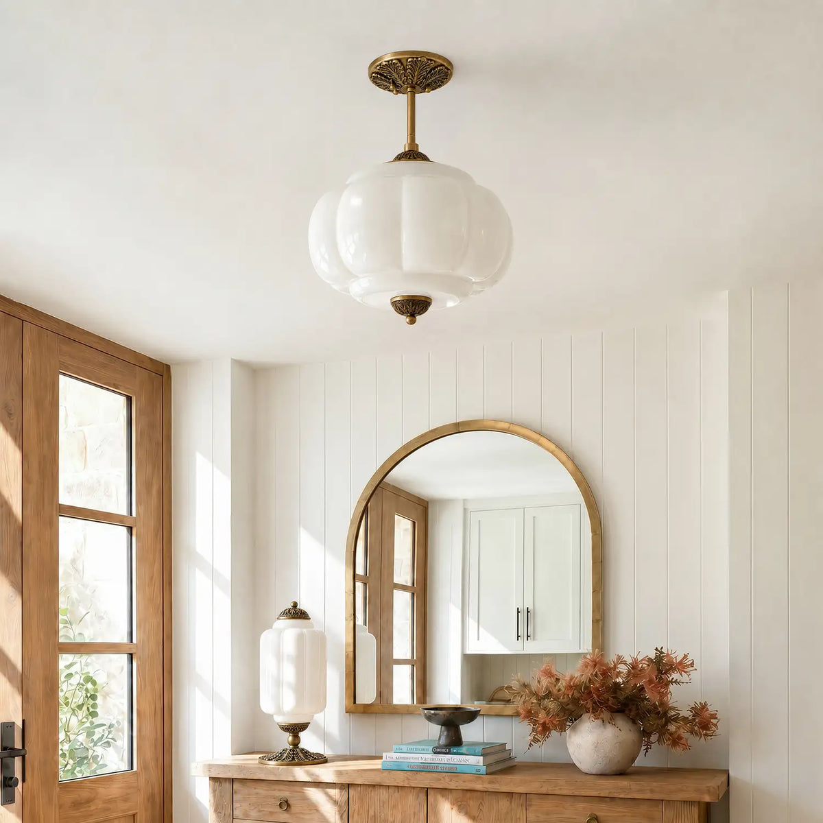 Semi-Flush Ceiling Light Antique Brass Ribbed Green Glass