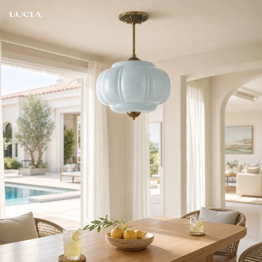 Semi-Flush Ceiling Light Antique Brass Ribbed Green Glass