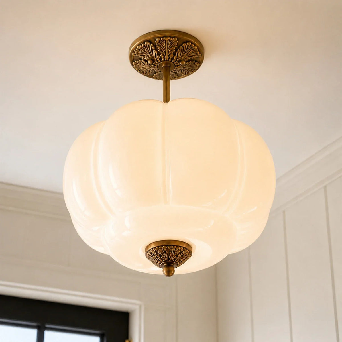 Semi-Flush Ceiling Light Antique Brass Ribbed Green Glass