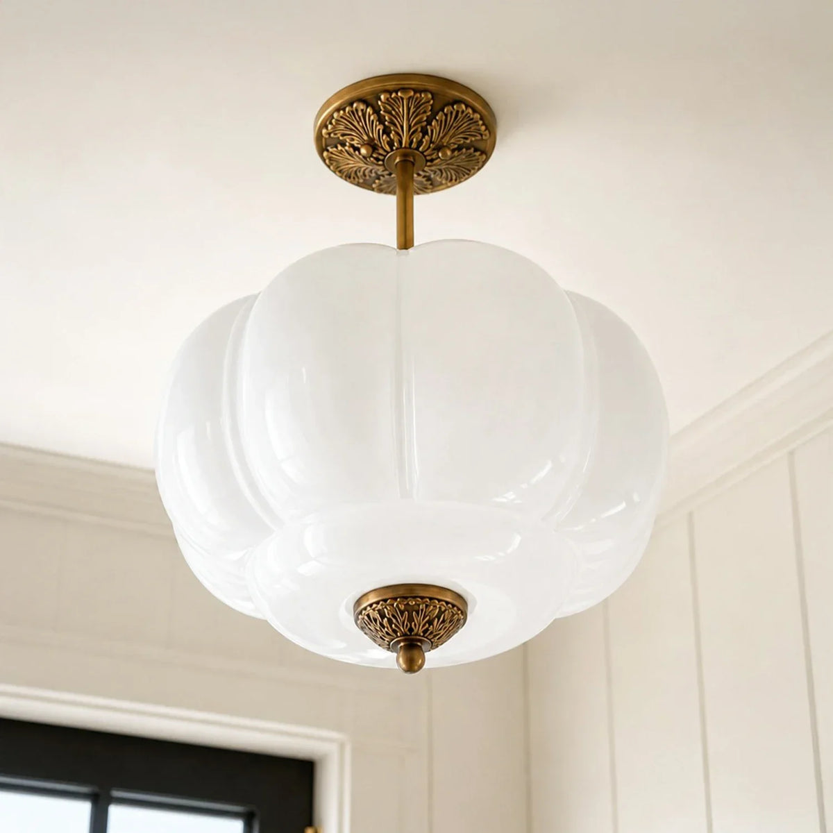 Semi-Flush Ceiling Light Antique Brass Ribbed Green Glass