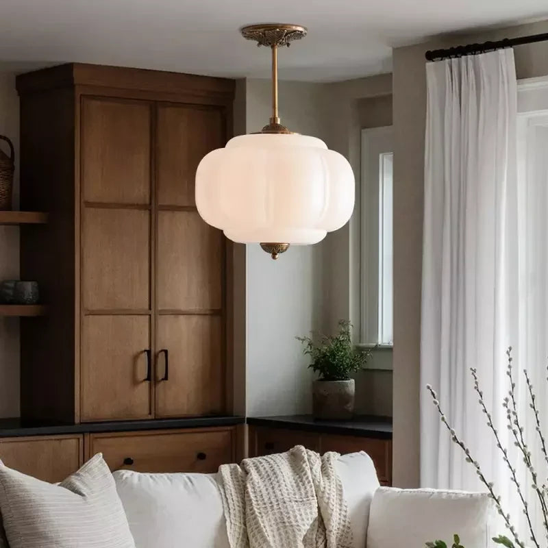 Semi-Flush Ceiling Light Antique Brass Ribbed Green Glass