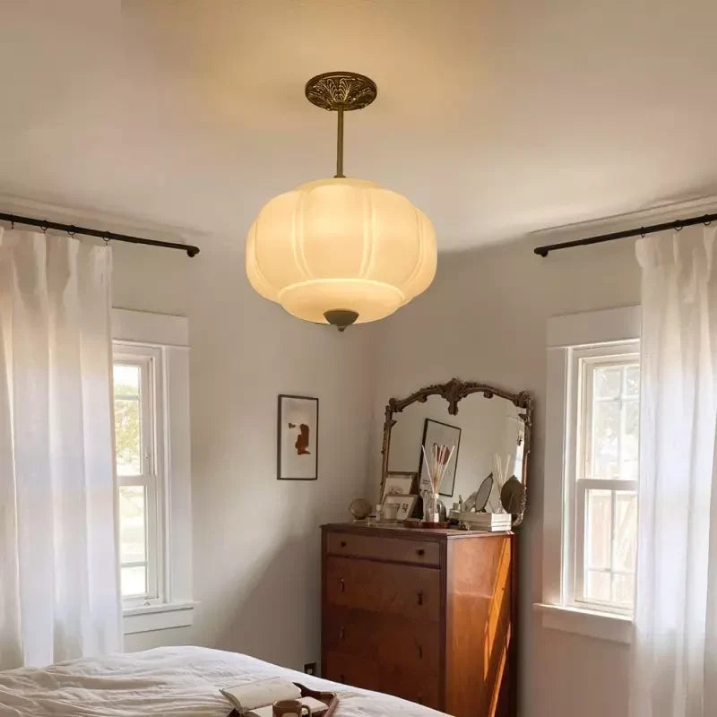Semi-Flush Ceiling Light Antique Brass Ribbed Green Glass