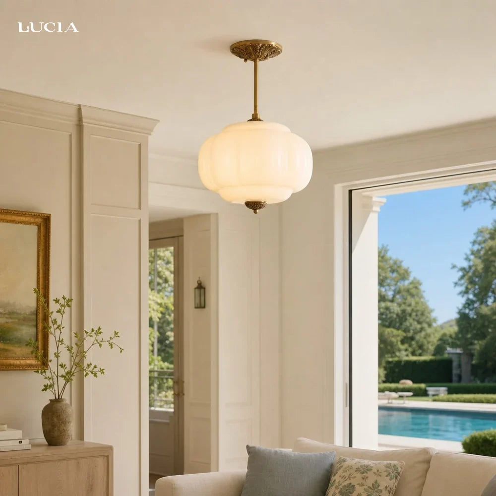 Semi-Flush Ceiling Light Antique Brass Ribbed Green Glass