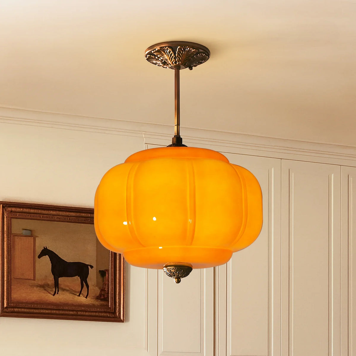 Semi-Flush Ceiling Light Antique Brass Ribbed Green Glass