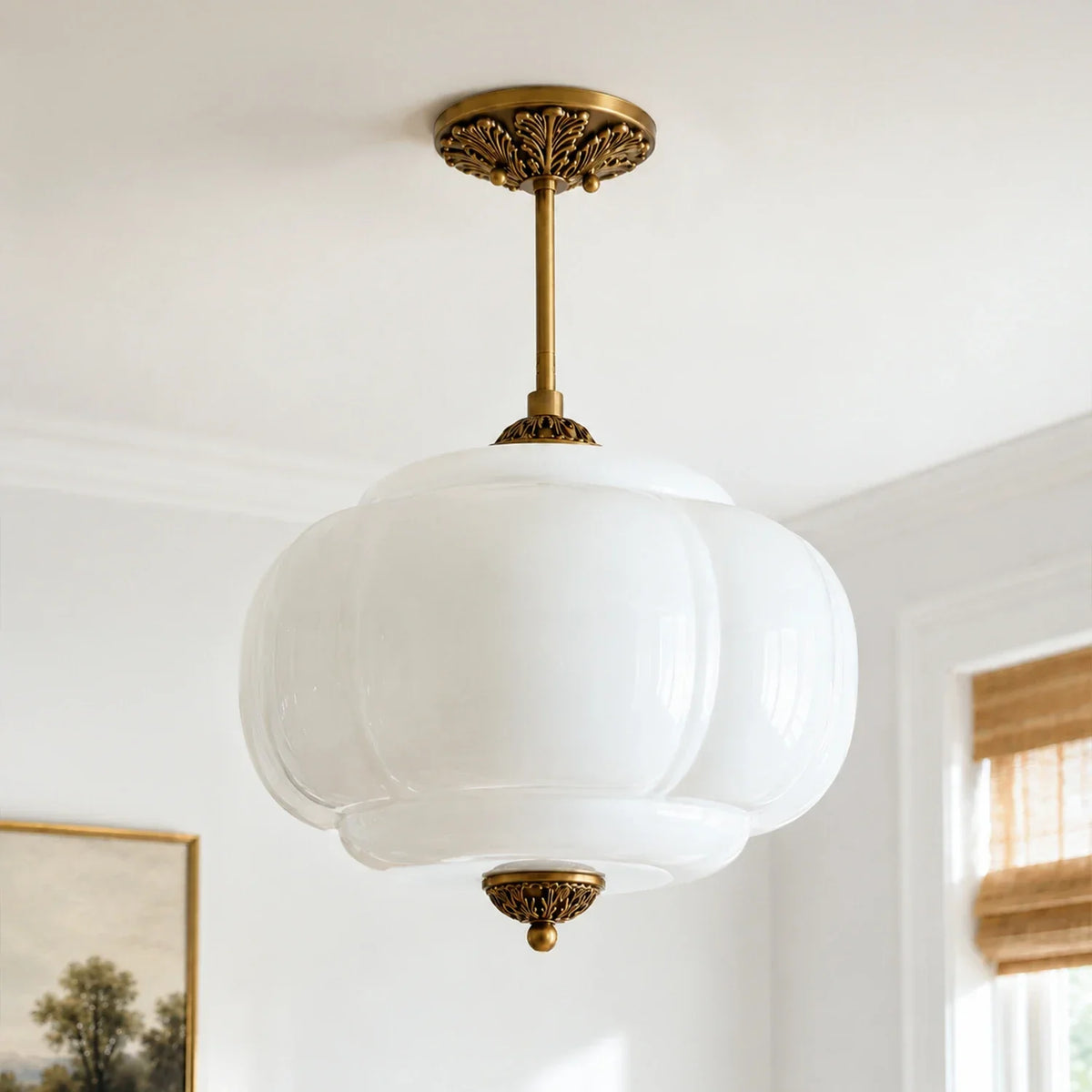 Semi-Flush Ceiling Light Antique Brass Ribbed Green Glass