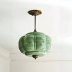 Semi-Flush Ceiling Light Antique Brass Ribbed Green Glass