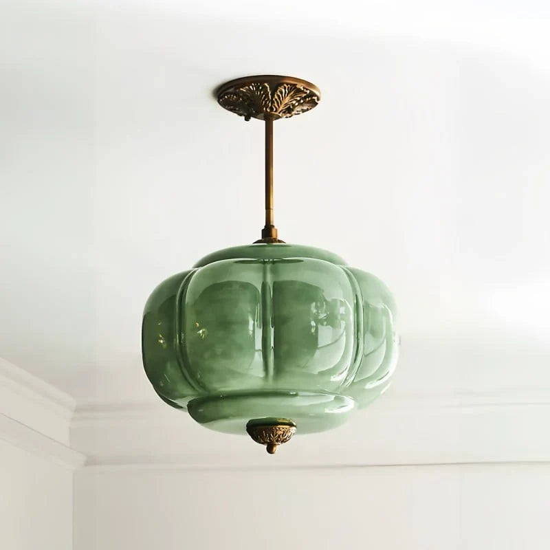 Semi-Flush Ceiling Light Antique Brass Ribbed Green Glass