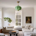 Semi-Flush Ceiling Light Antique Brass Ribbed Green Glass