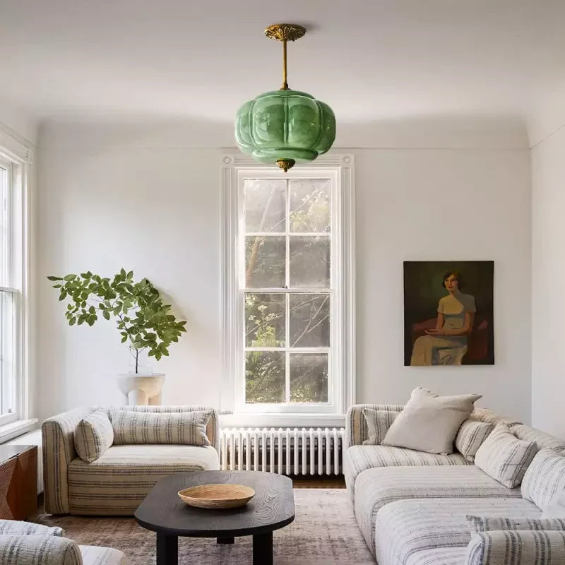Semi-Flush Ceiling Light Antique Brass Ribbed Green Glass