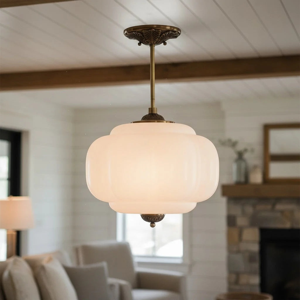Semi-Flush Ceiling Light Antique Brass Ribbed Green Glass