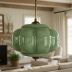 Semi-Flush Ceiling Light Antique Brass Ribbed Green Glass