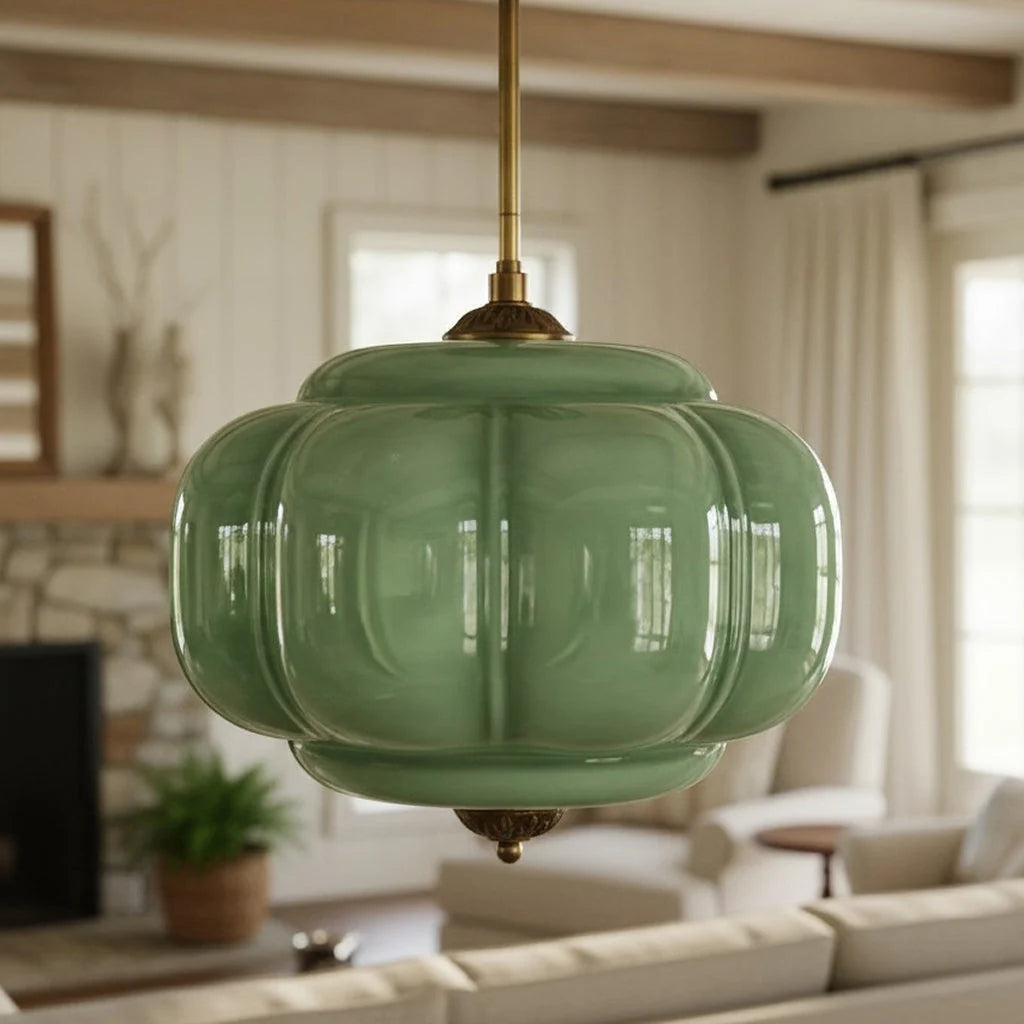 Semi-Flush Ceiling Light Antique Brass Ribbed Green Glass