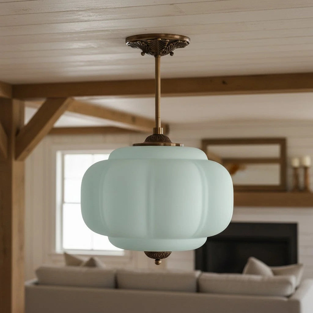 Semi-Flush Ceiling Light Antique Brass Ribbed Green Glass