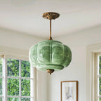 Semi-Flush Ceiling Light Antique Brass Ribbed Green Glass
