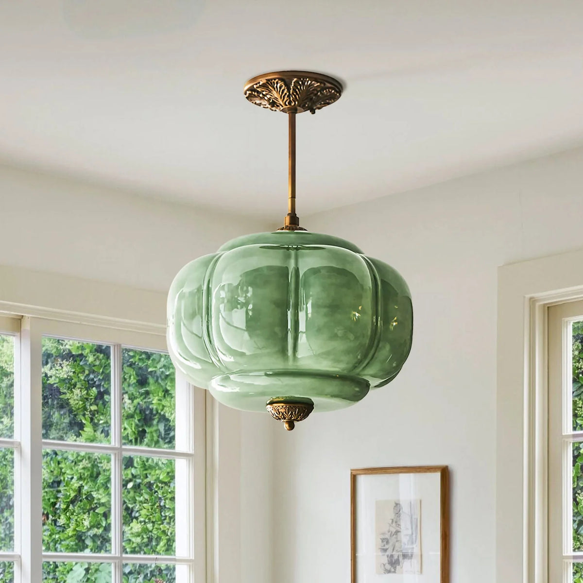 Semi-Flush Ceiling Light Antique Brass Ribbed Green Glass