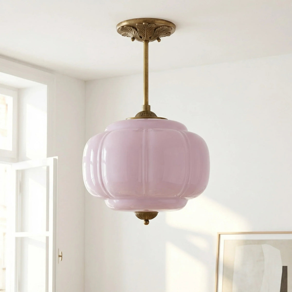 Semi-Flush Ceiling Light Antique Brass Ribbed Green Glass