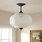 Semi-Flush Ceiling Light Antique Brass Ribbed Green Glass