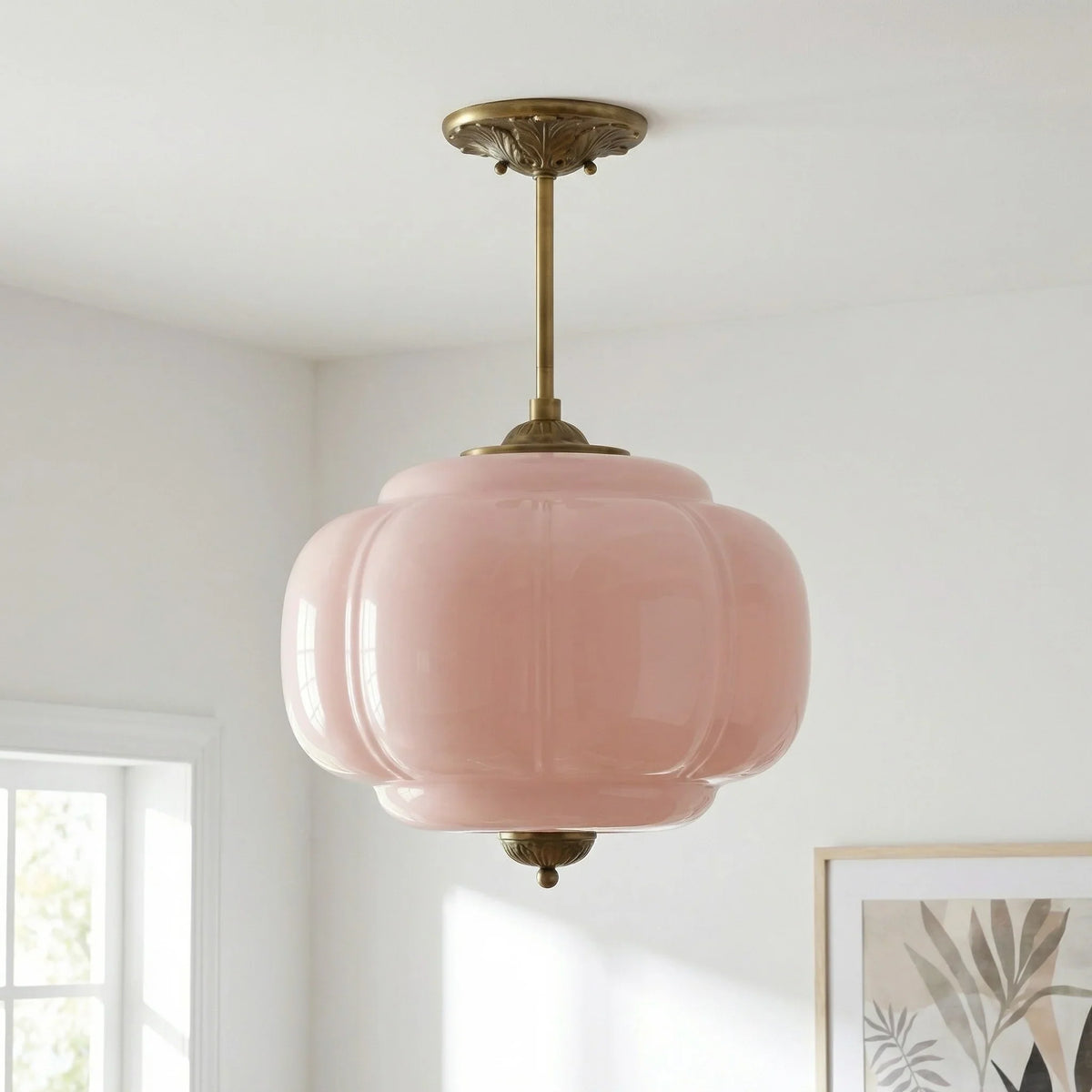 Semi-Flush Ceiling Light Antique Brass Ribbed Green Glass
